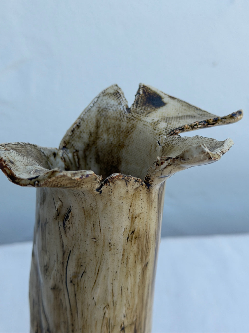 Handbuilt Textured Ceramic Tree Bark Vase with Ruffled Flower Rim