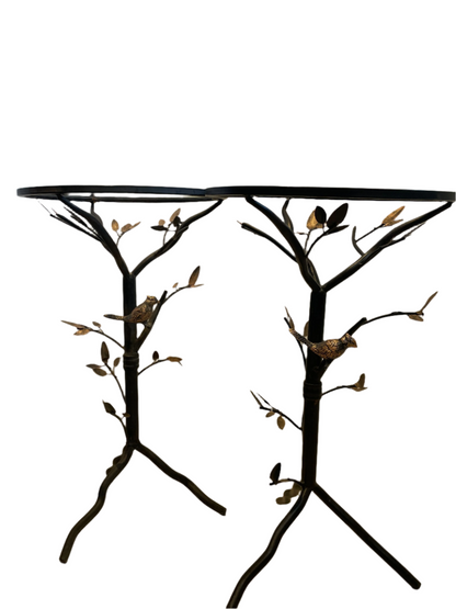 Pair of Iron and Glass Bird Motif Side Tables – Tree Branch Design