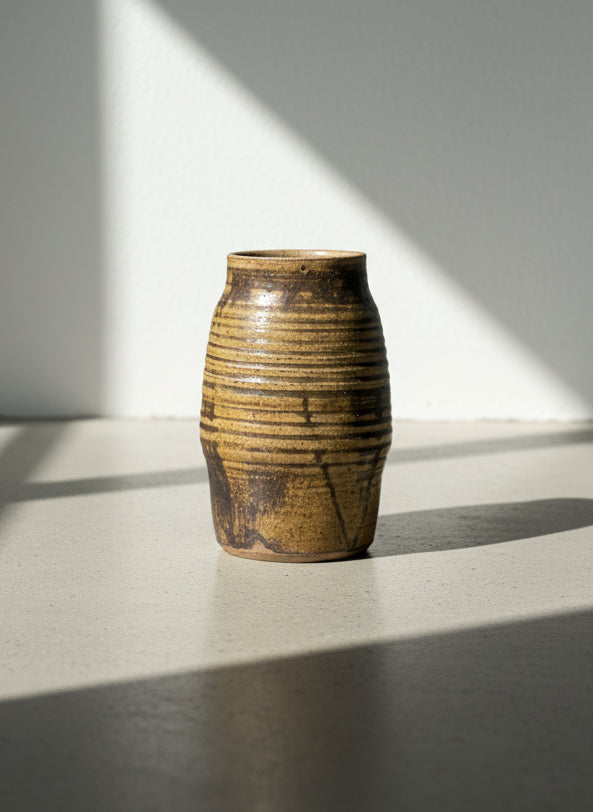 Hand-Thrown Rustic Studio Pottery Vase with Earthy Brown Glaze and Ribbed Barrel Form