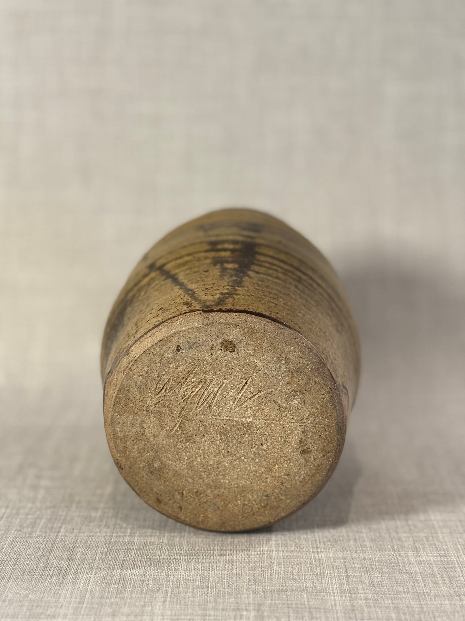 Hand-Thrown Rustic Studio Pottery Vase with Earthy Brown Glaze and Ribbed Barrel Form