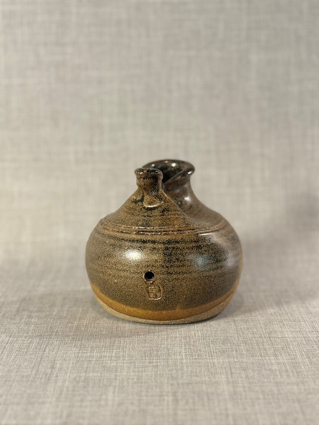 Vintage Handcrafted Studio Pottery Double-Spouted Vessel in Textured Earth-Toned Glaze