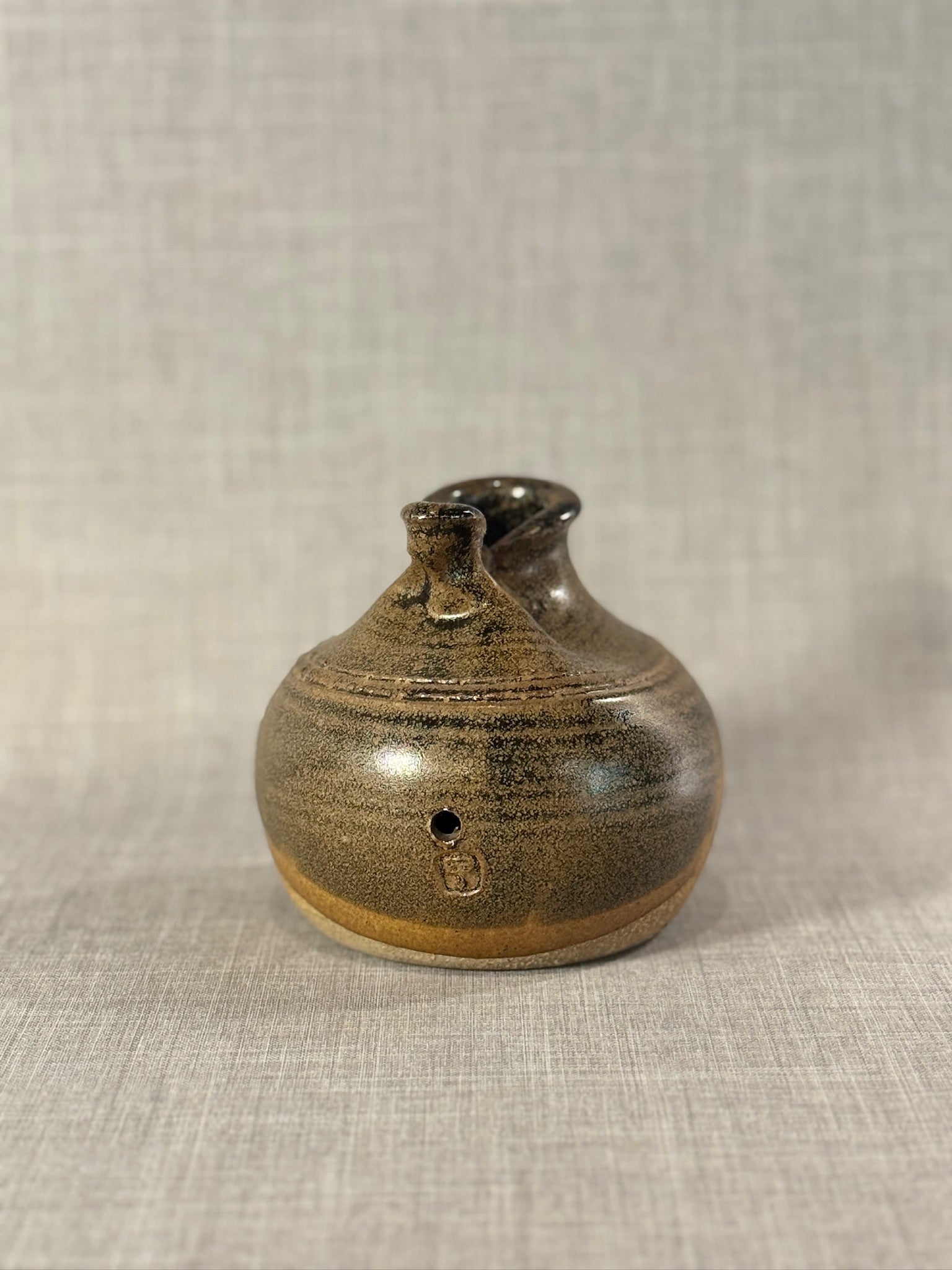 Vintage Handcrafted Studio Pottery Double-Spouted Vessel in Textured Earth-Toned Glaze