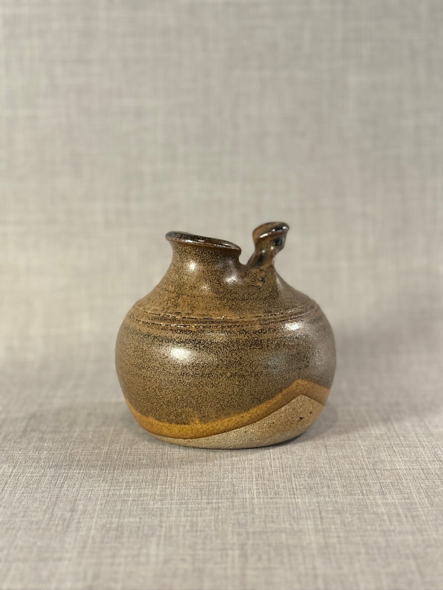 Vintage Handcrafted Studio Pottery Double-Spouted Vessel in Textured Earth-Toned Glaze
