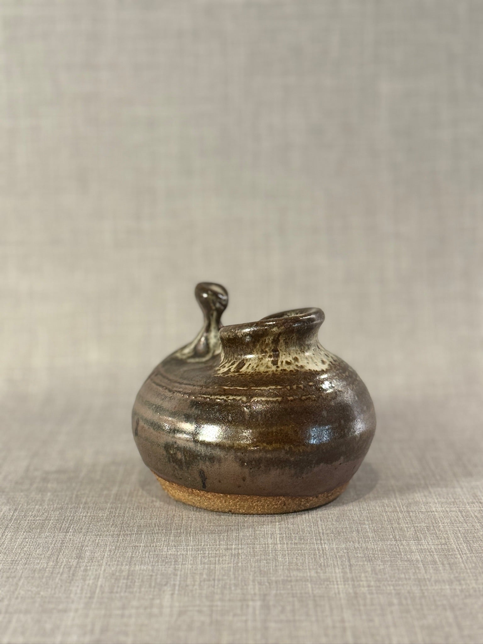 Organic Modern Studio Pottery Sculpture Vessel with Dual Spouts and Earthy Glaze