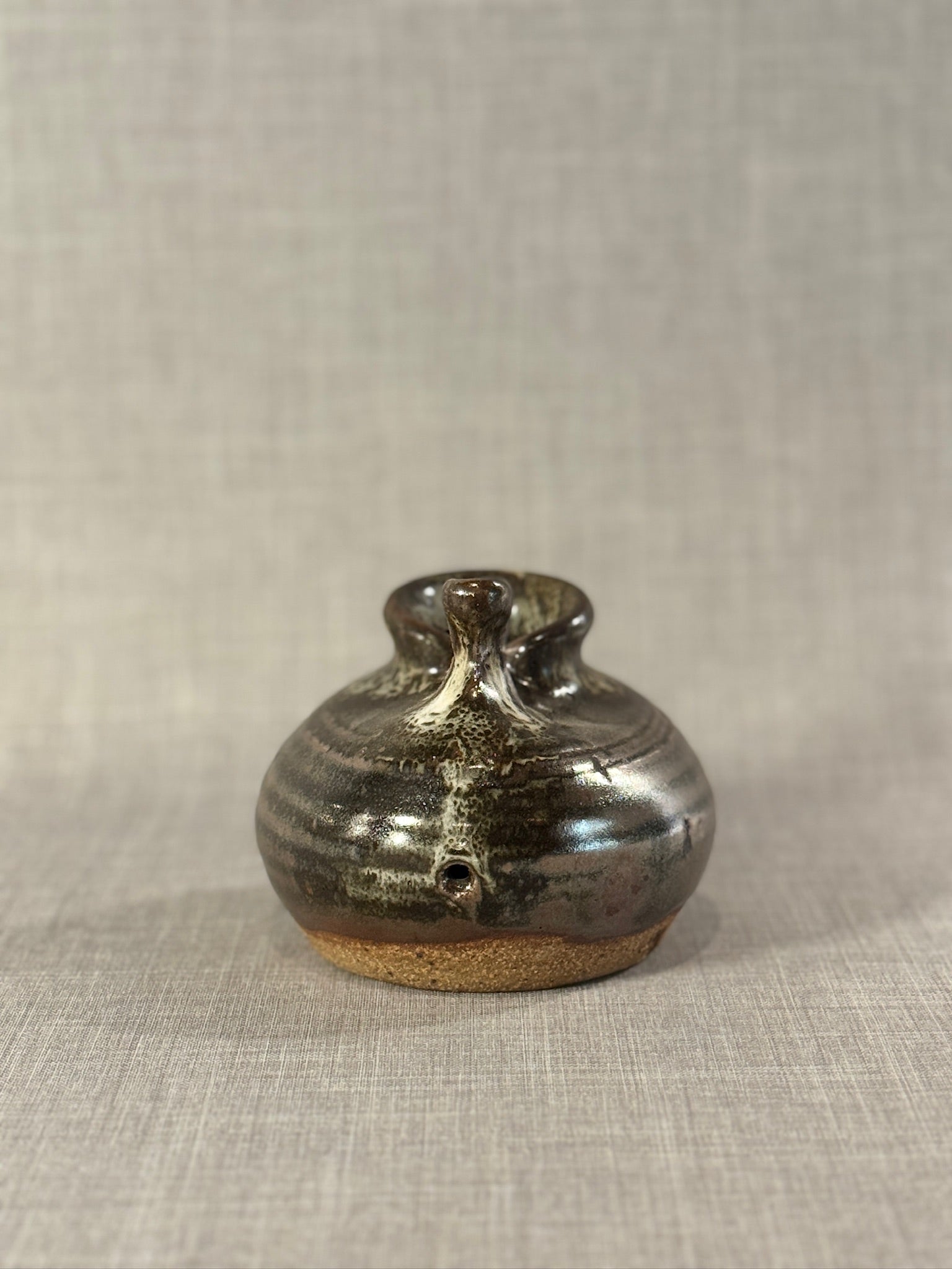Organic Modern Studio Pottery Sculpture Vessel with Dual Spouts and Earthy Glaze