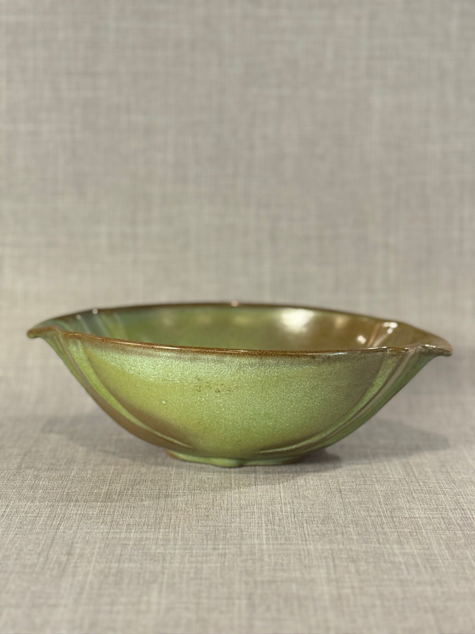 Mid-Century Frankoma Pottery “Prairie Green” Sculpted Oval Serving Bowl