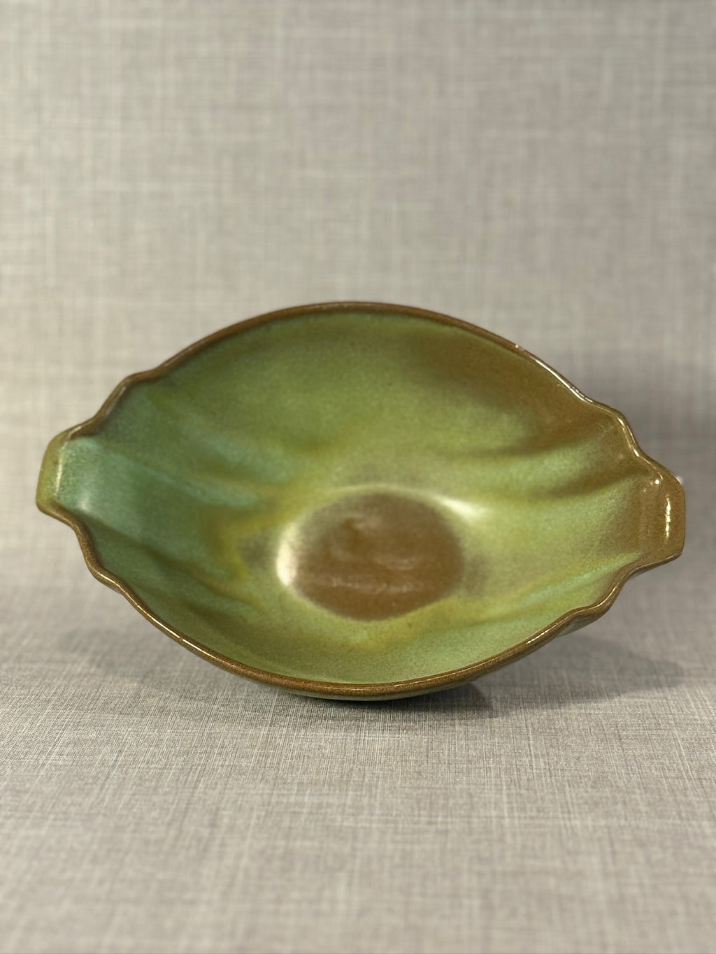 american pottery serving dish with prairie green finish