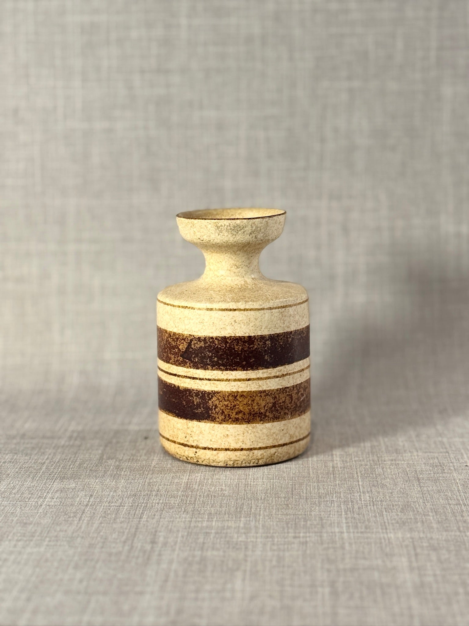 Handcrafted Mid-Century Studio Pottery Vase with Textured Cream Glaze and Earthy Brown Bands