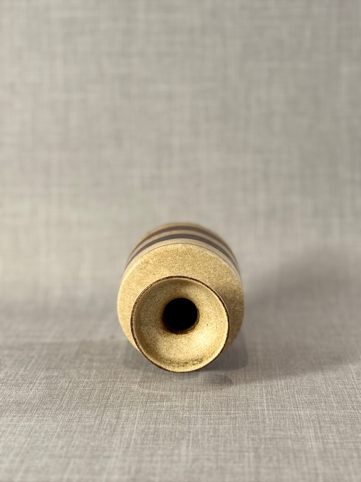 Handcrafted Mid-Century Studio Pottery Vase with Textured Cream Glaze and Earthy Brown Bands