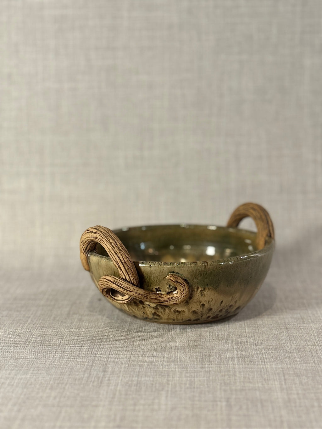 Artisan Studio Pottery Bowl | Vine Handles Earth-Tone Glaze
