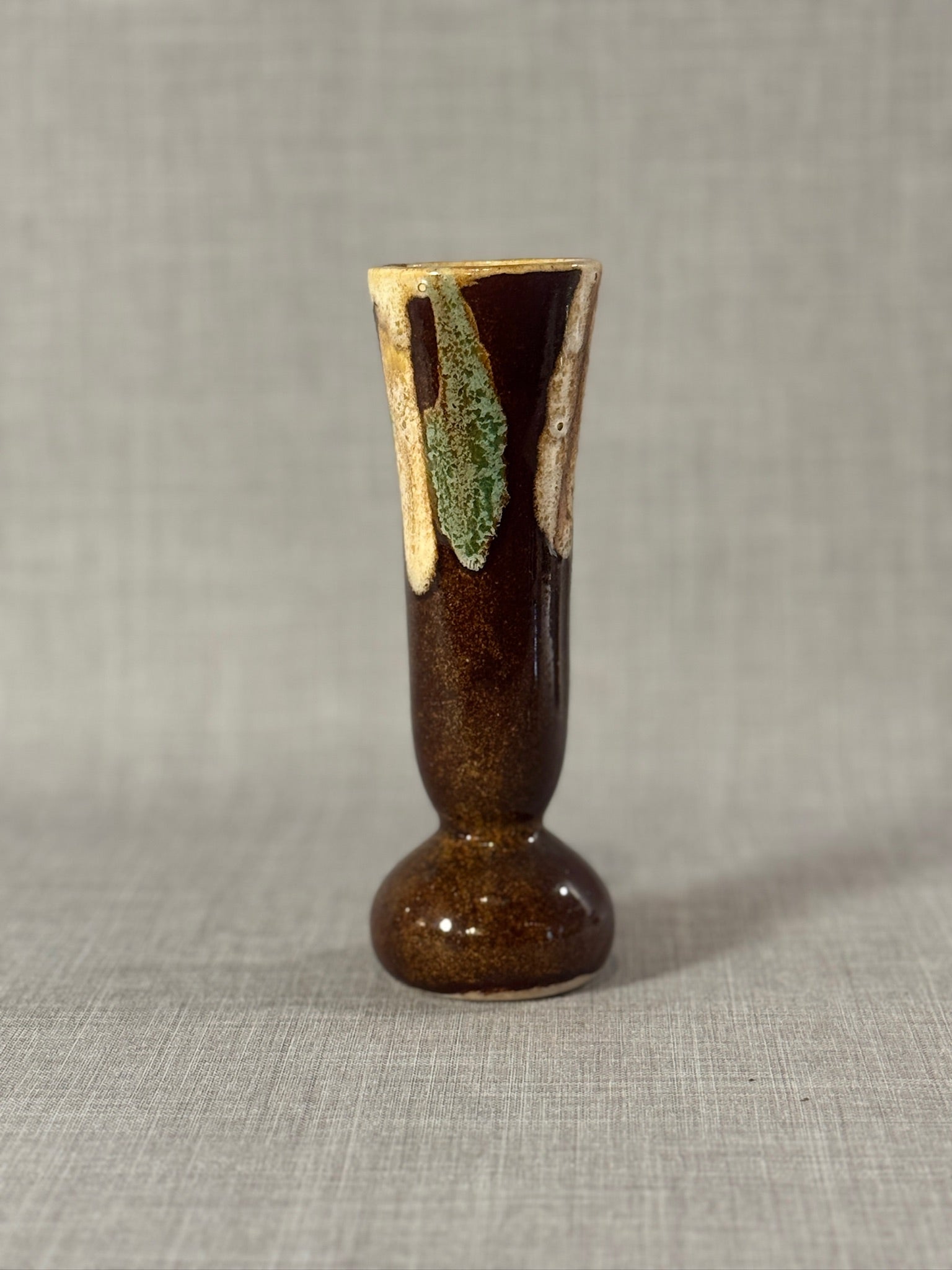 Vintage Studio Pottery Bud Vase with Earth-Tone Drip Glaze and Organic Form