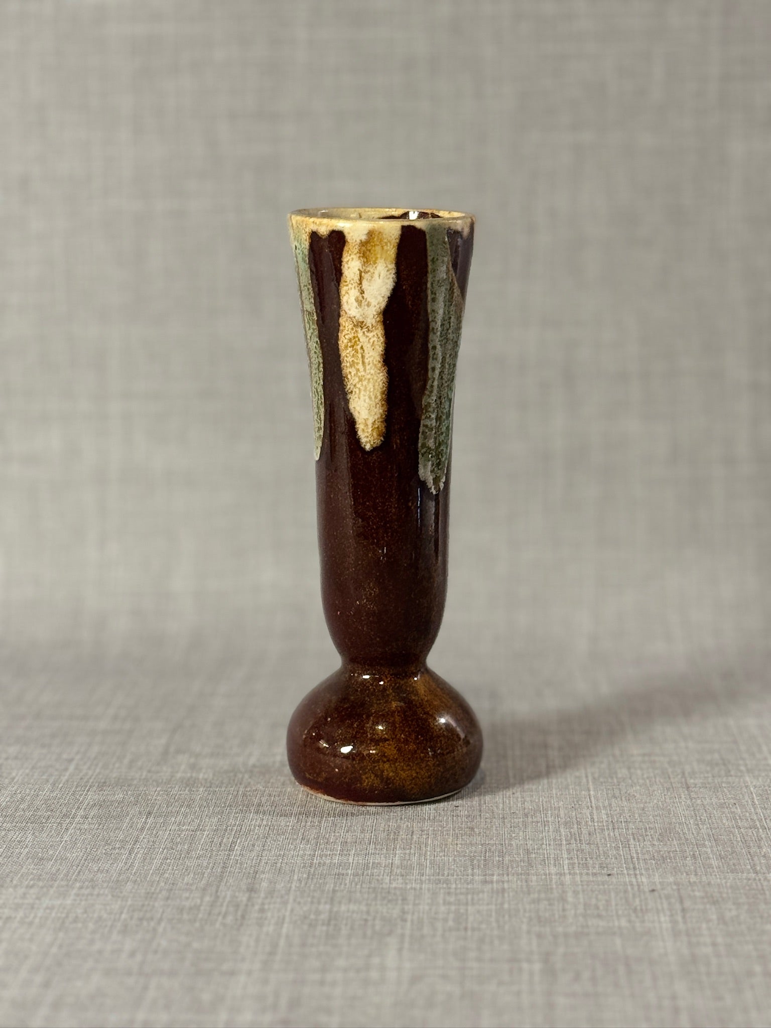 Vintage Studio Pottery Bud Vase with Earth-Tone Drip Glaze and Organic Form