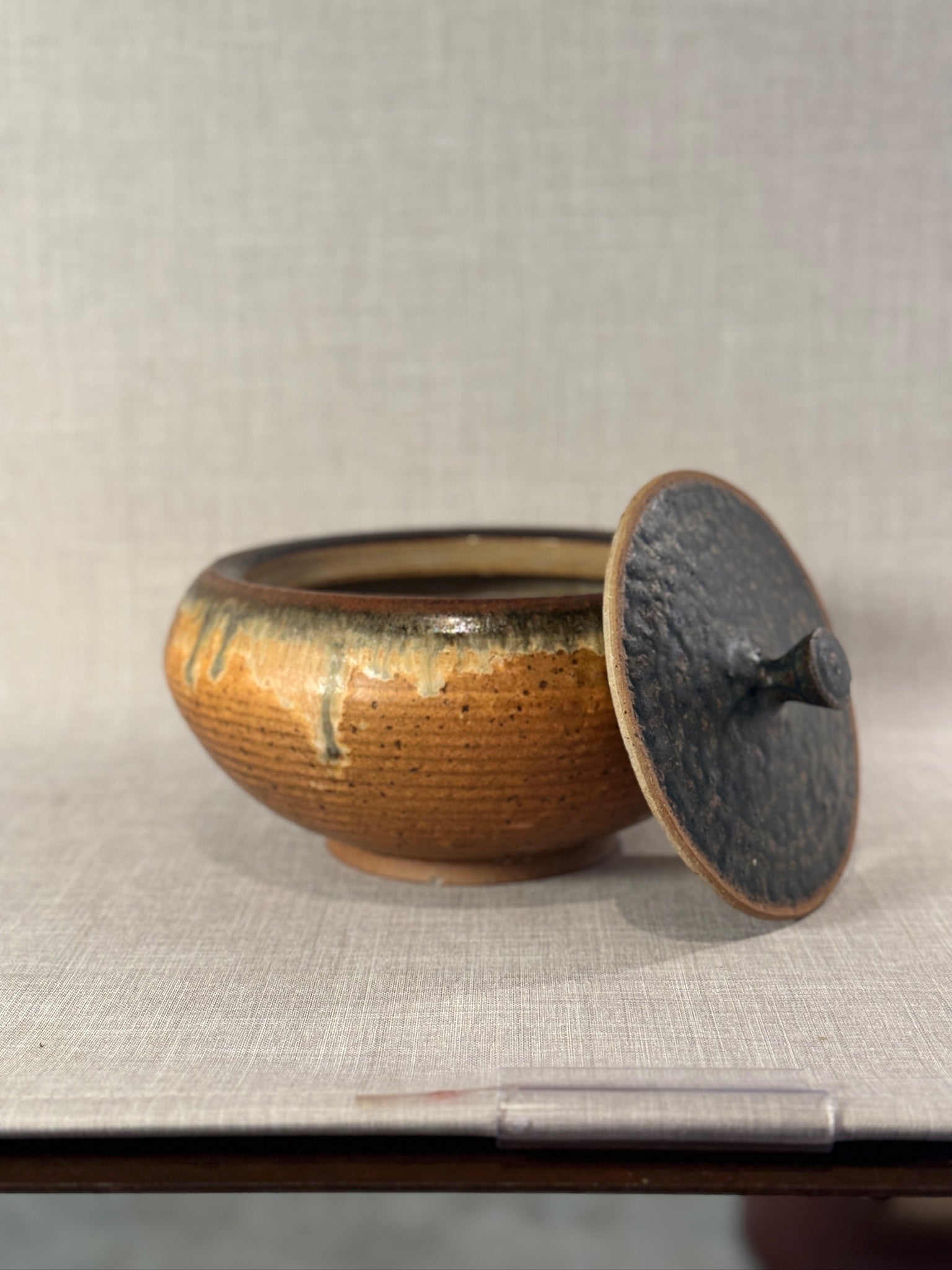 Mid-Century Hand-Thrown Studio Pottery Lidded Vessel with Drip Glaze and Sculptural Lid