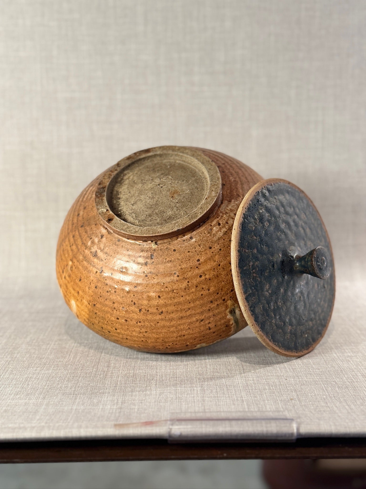 Mid-Century Hand-Thrown Studio Pottery Lidded Vessel with Drip Glaze and Sculptural Lid