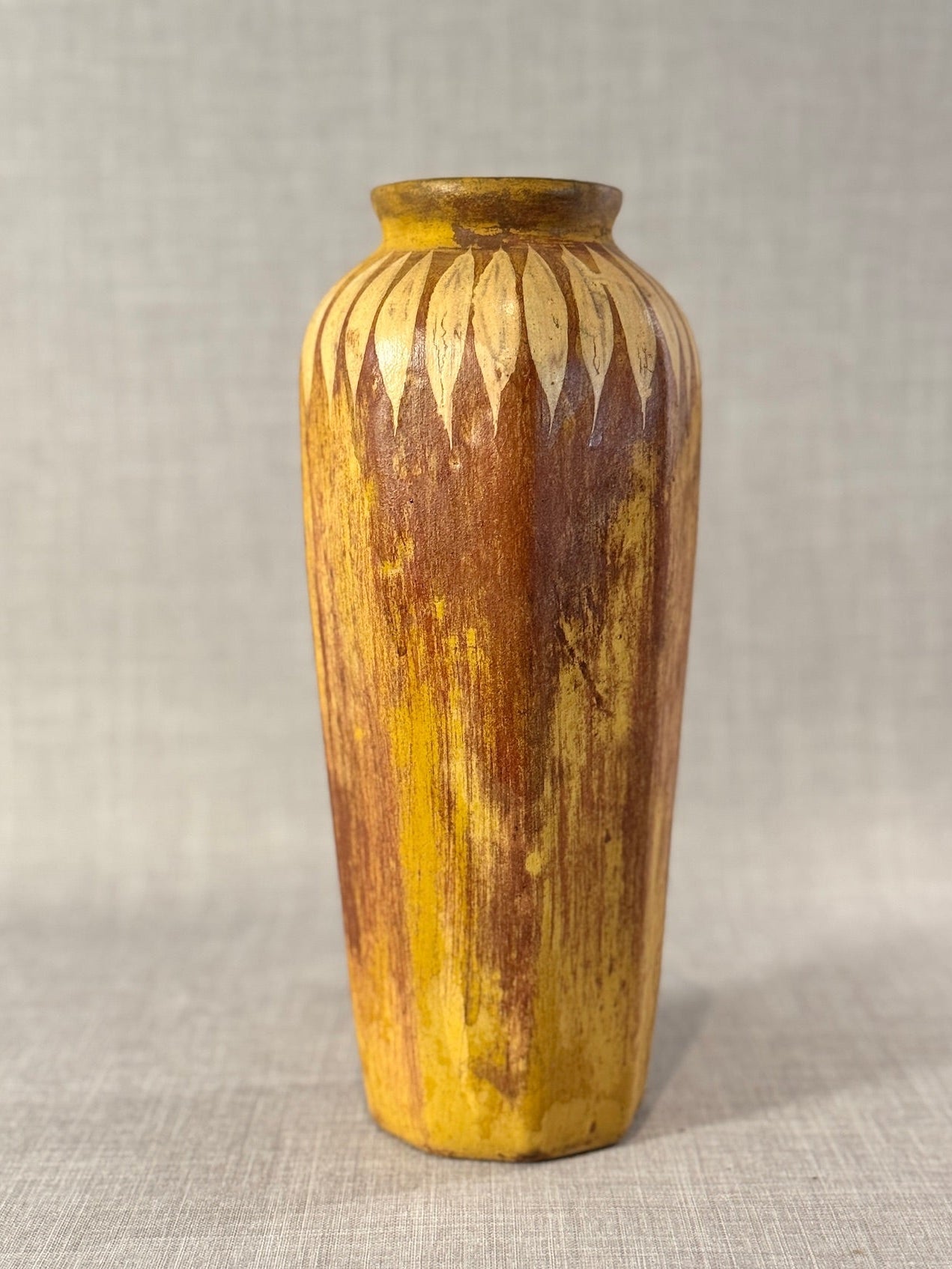 Vintage Handcrafted Ceramic Vase with Carved Feather Motif in Ochre and Burnt Umber Glaze