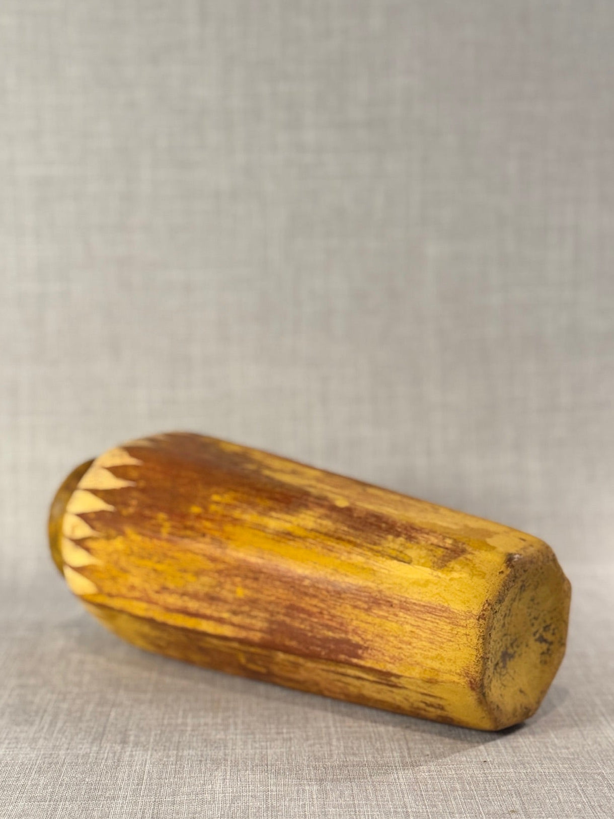 Vintage Handcrafted Ceramic Vase with Carved Feather Motif in Ochre and Burnt Umber Glaze