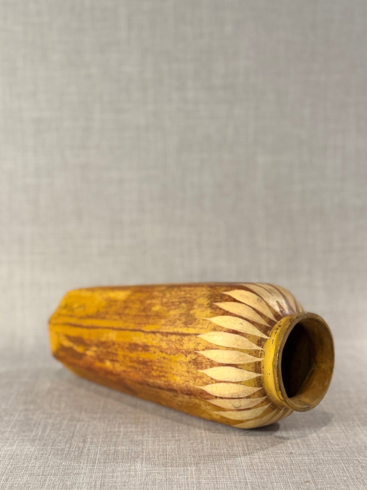Vintage Handcrafted Ceramic Vase with Carved Feather Motif in Ochre and Burnt Umber Glaze