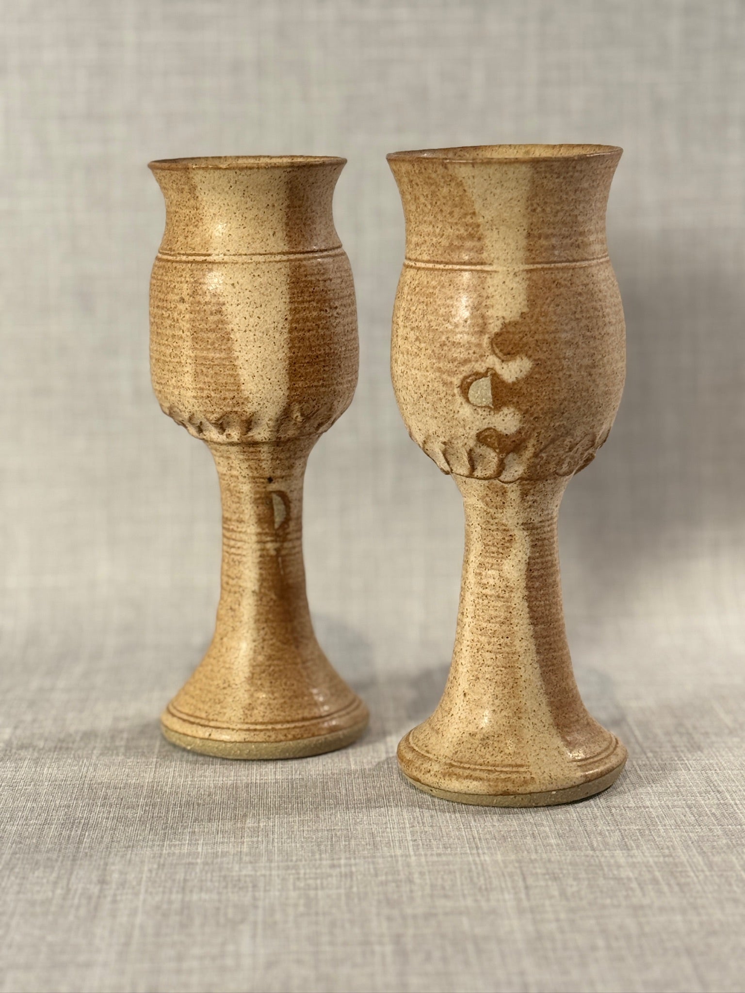Pair of Hand-Thrown Mid-Century Studio Pottery Chalice Goblets in Speckled Stoneware