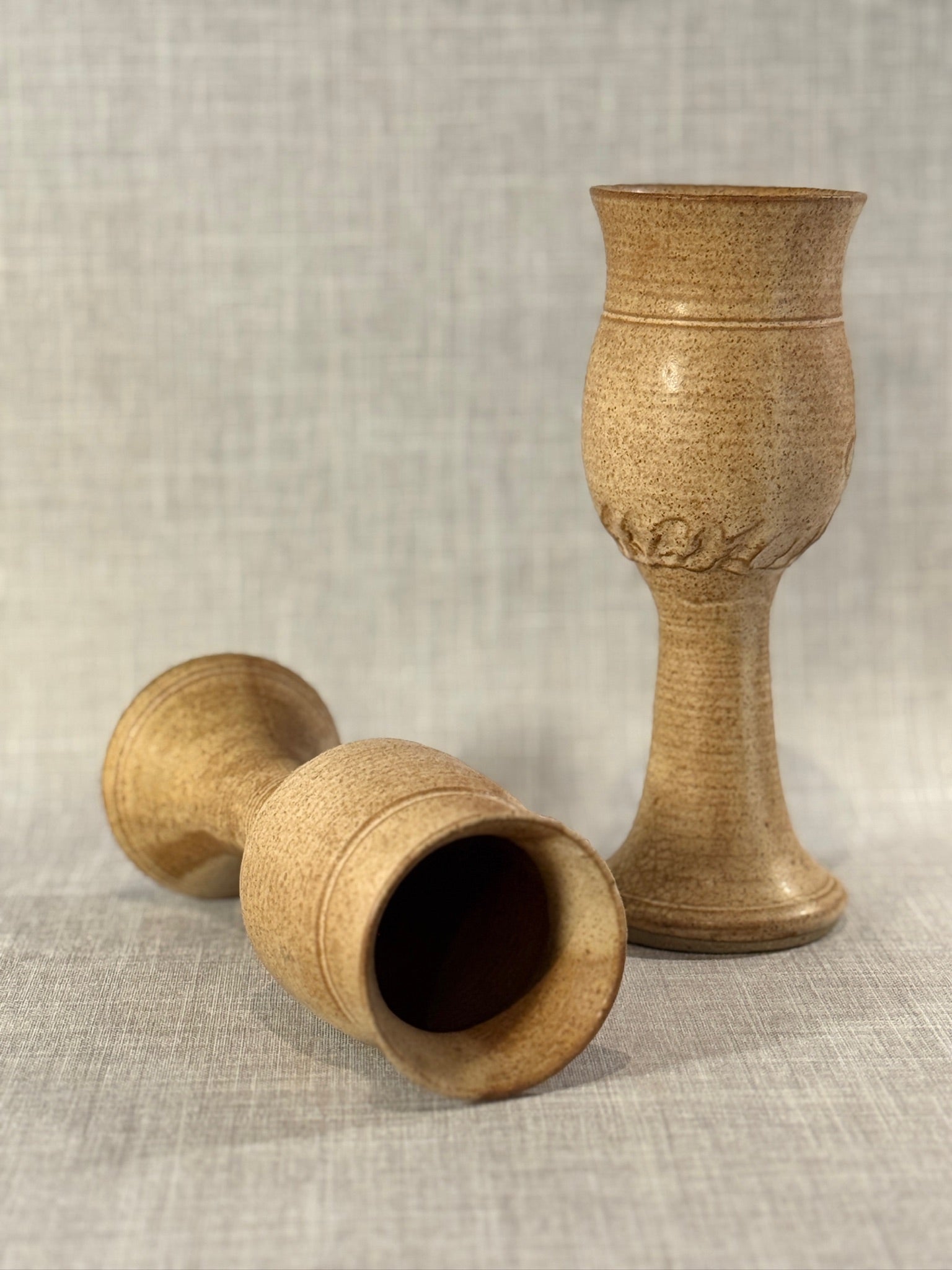 Pair of Hand-Thrown Mid-Century Studio Pottery Chalice Goblets in Speckled Stoneware