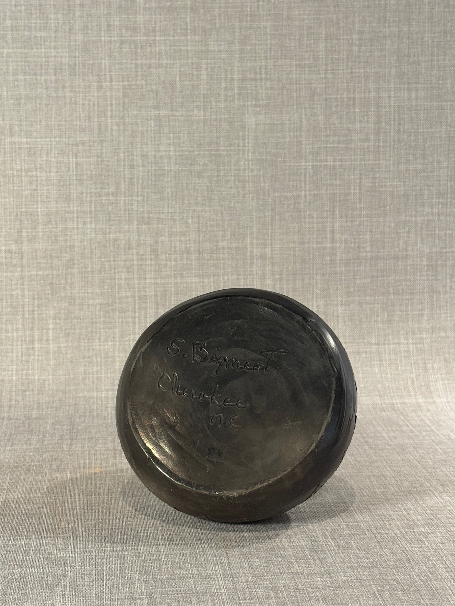 Mid-20th Century Signed S. Bigmeat Cherokee North Carolina Hand-Coiled Blackware Pottery Bowl