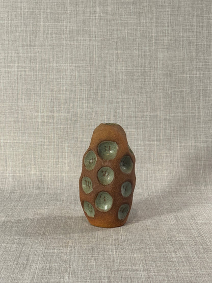 Handmade Terracotta Glazed Studio Pottery Bud Vase with Celadon Impressions