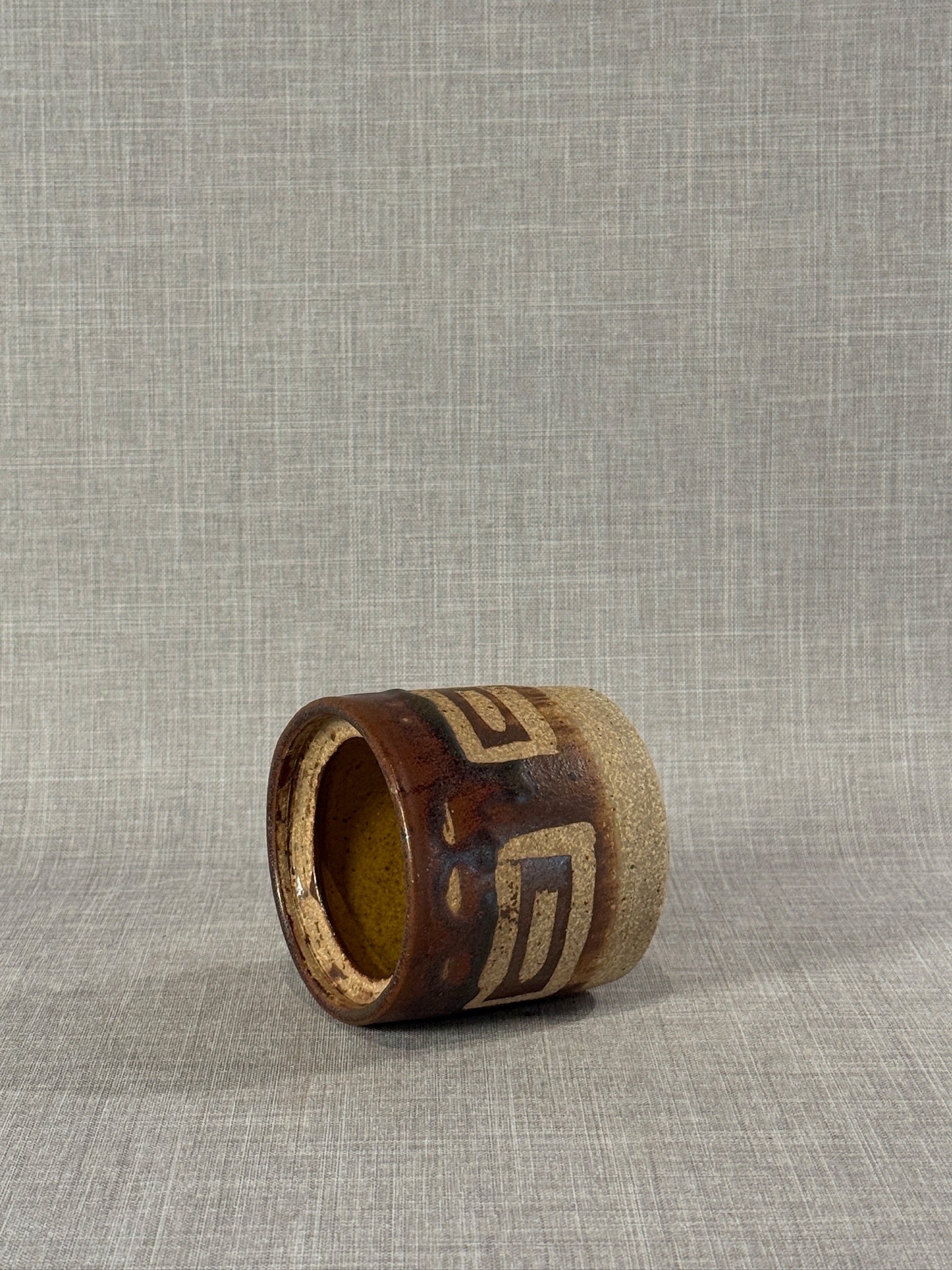 Handmade Mid-Century Modern Studio Pottery Vessel with Textured Abstract Glaze - unique geometric design. hommes + gardens estudio.