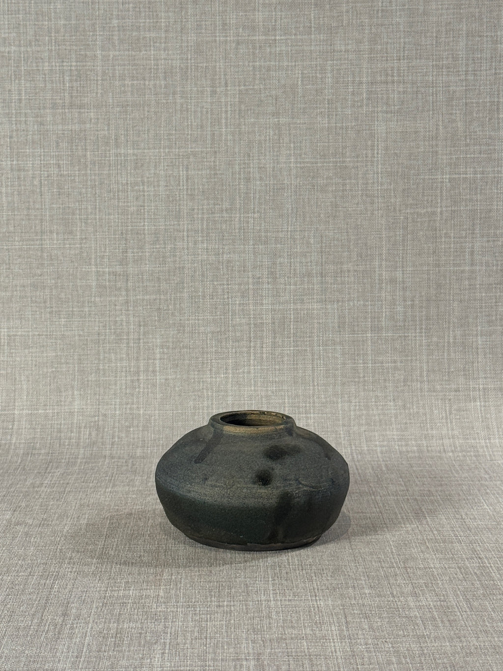 Mid-Century Modern Handcrafted Textured Black Stoneware Moon Vase Signed CH