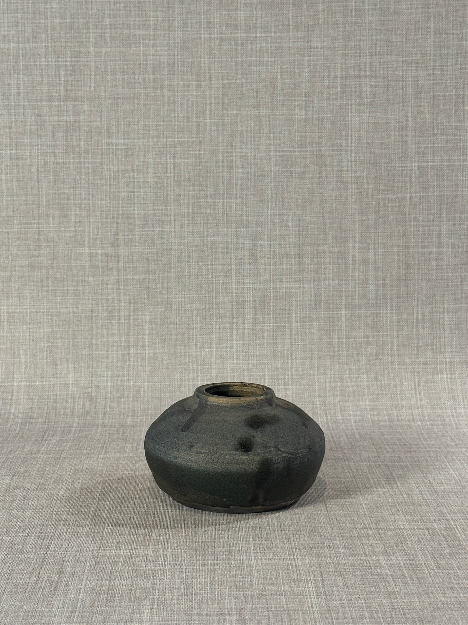 Mid-Century Modern Handcrafted Textured Black Stoneware Moon Vase Signed CH