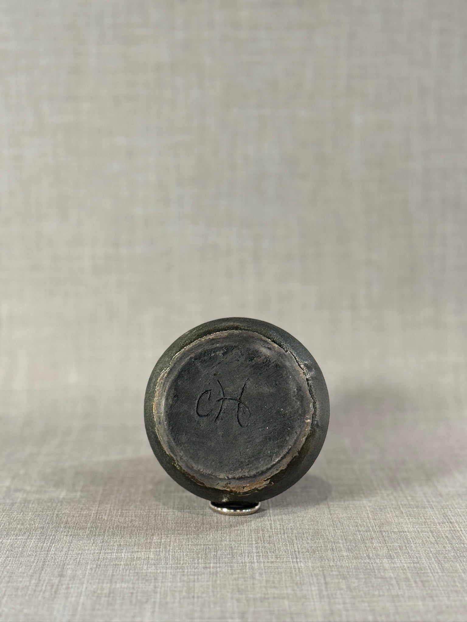 Mid-Century Modern Handcrafted Textured Black Stoneware Moon Vase Signed CH