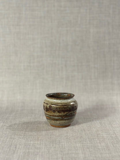 Signed Studio Pottery Urn Vase P.S.E – Brown, Gray & Terracotta Ash Glaze