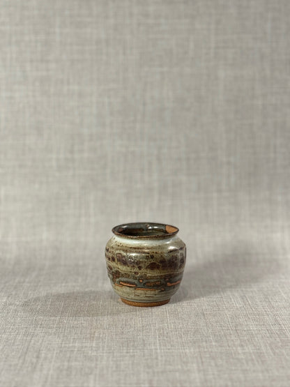 Signed Studio Pottery Urn Vase P.S.E – Brown, Gray & Terracotta Ash Glaze