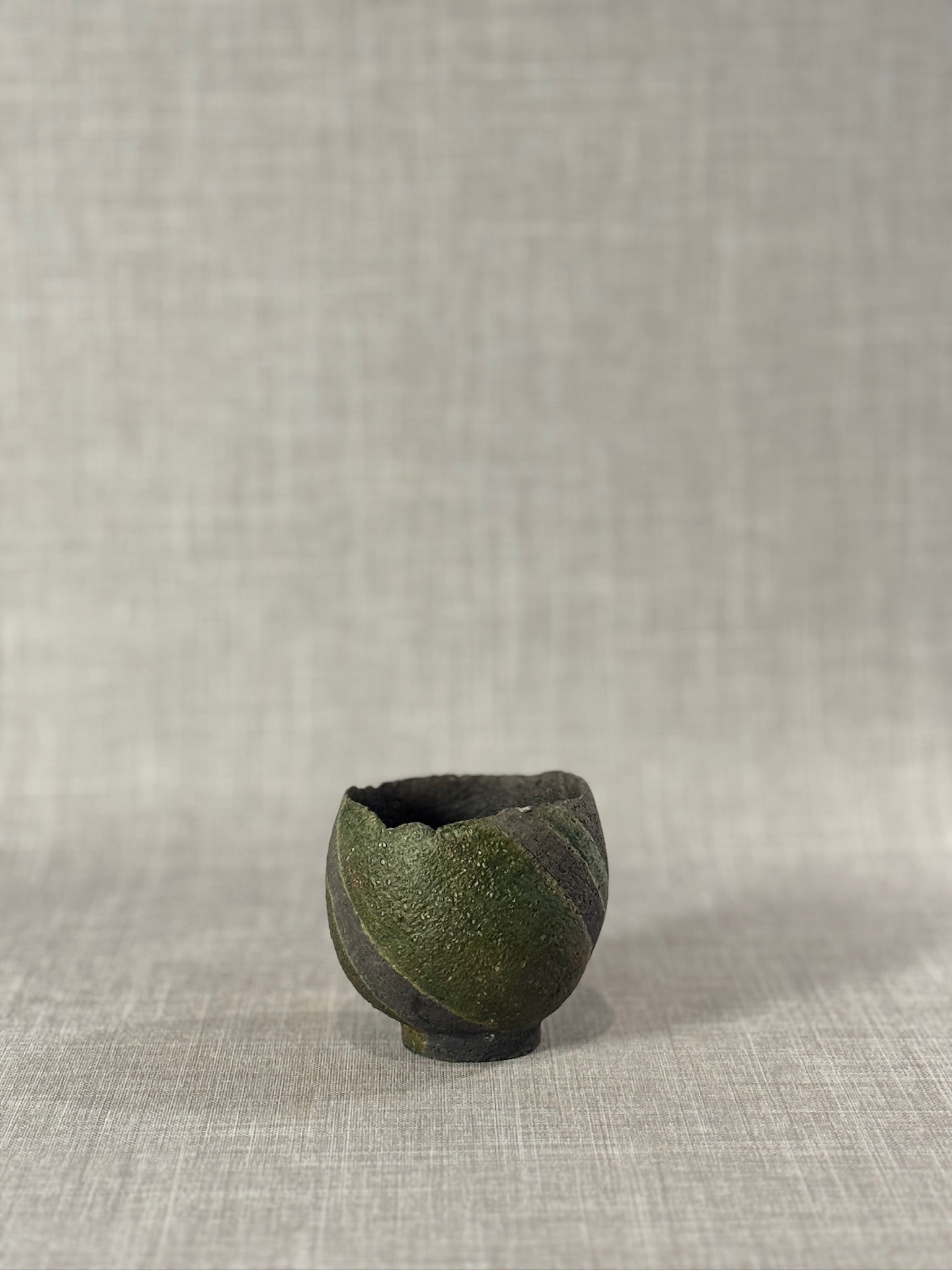 Handcrafted Wabi-Sabi Studio Pottery Chawan Tea Bowl with Spiraled Green and Charcoal Ash Glaze