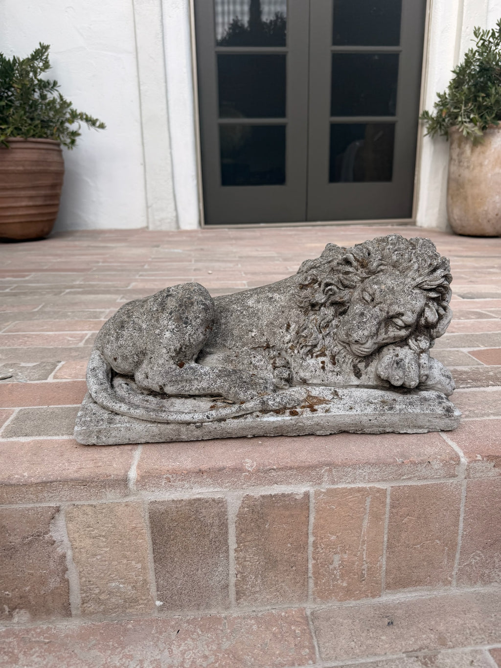 Antique French Cast Stone Garden Lions with Weathered Patina, 1930s