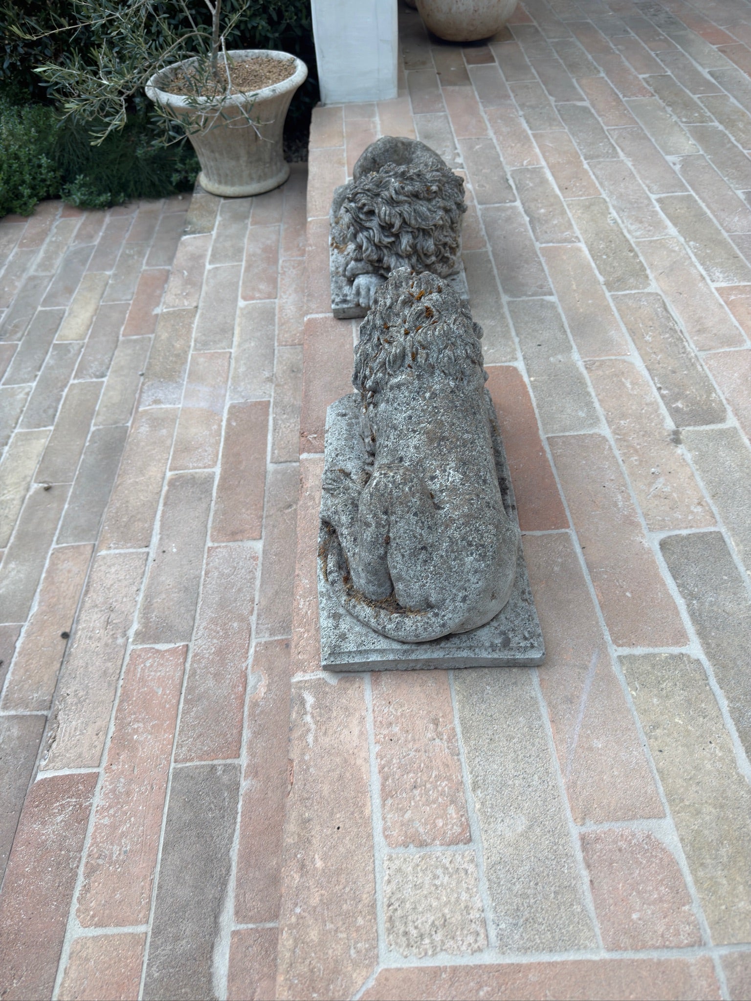 Antique French Cast Stone Garden Lions with Weathered Patina, 1930s