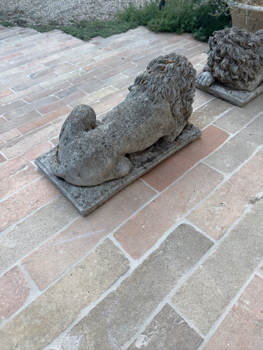 Antique French Cast Stone Garden Lions with Weathered Patina, 1930s