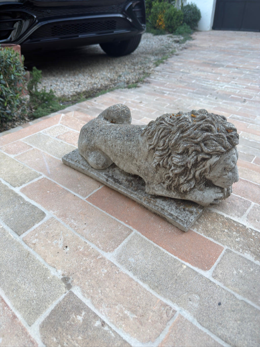 Antique French Cast Stone Garden Lions with Weathered Patina, 1930s