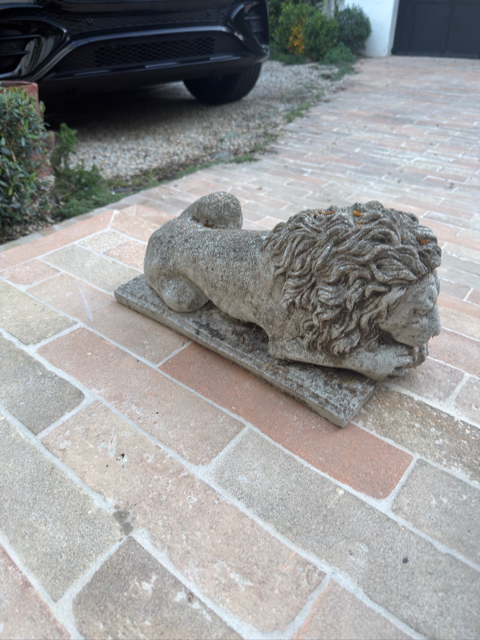 Antique French Cast Stone Garden Lions with Weathered Patina, 1930s