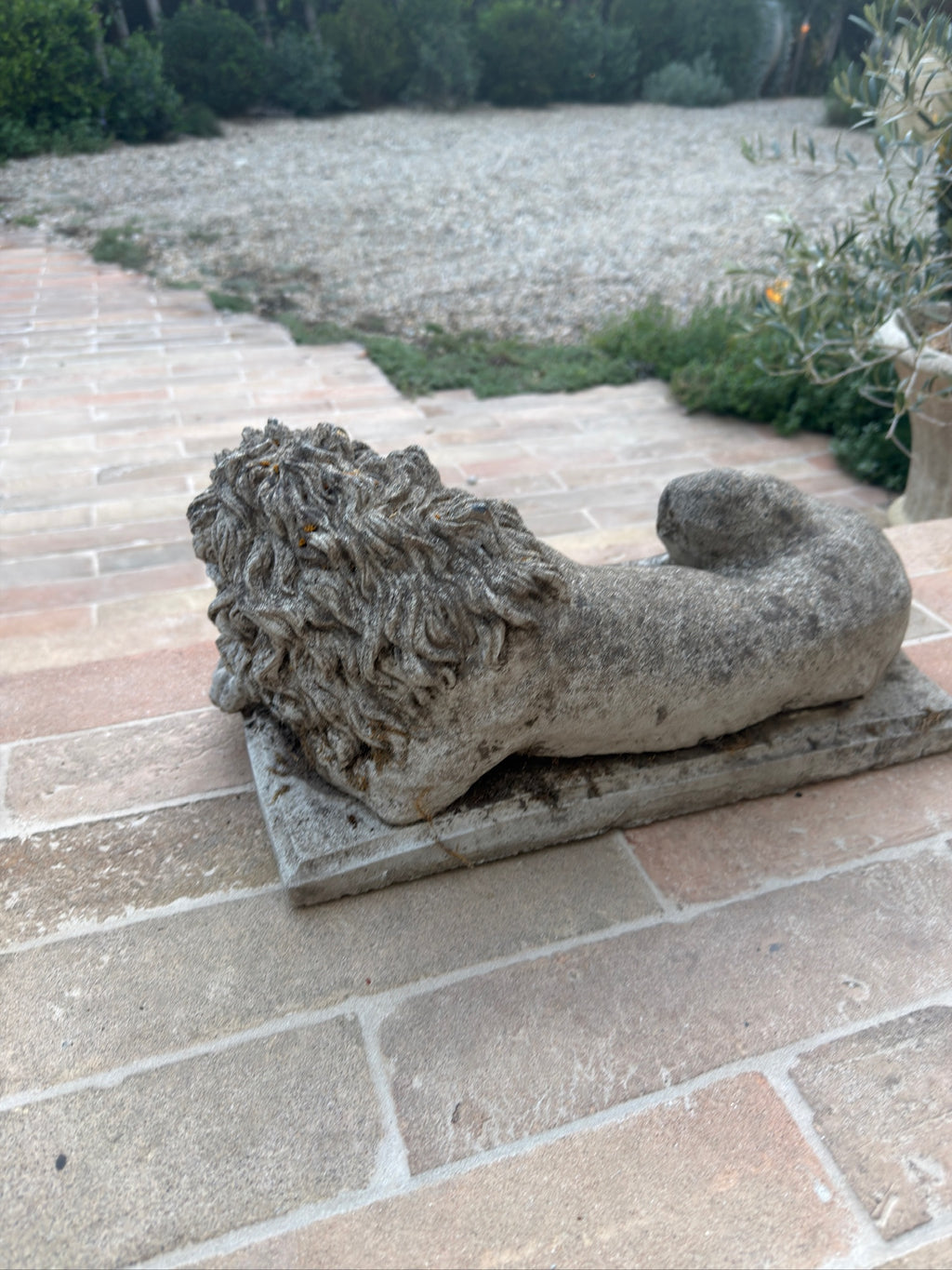 Antique French Cast Stone Garden Lions with Weathered Patina, 1930s