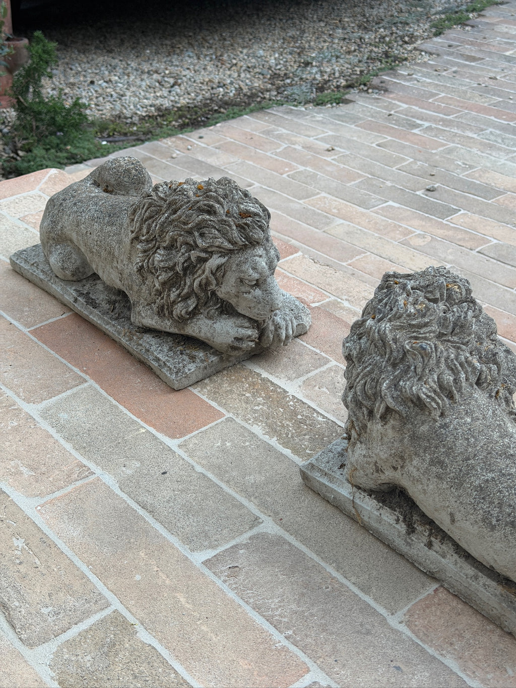 Antique French Cast Stone Garden Lions with Weathered Patina, 1930s