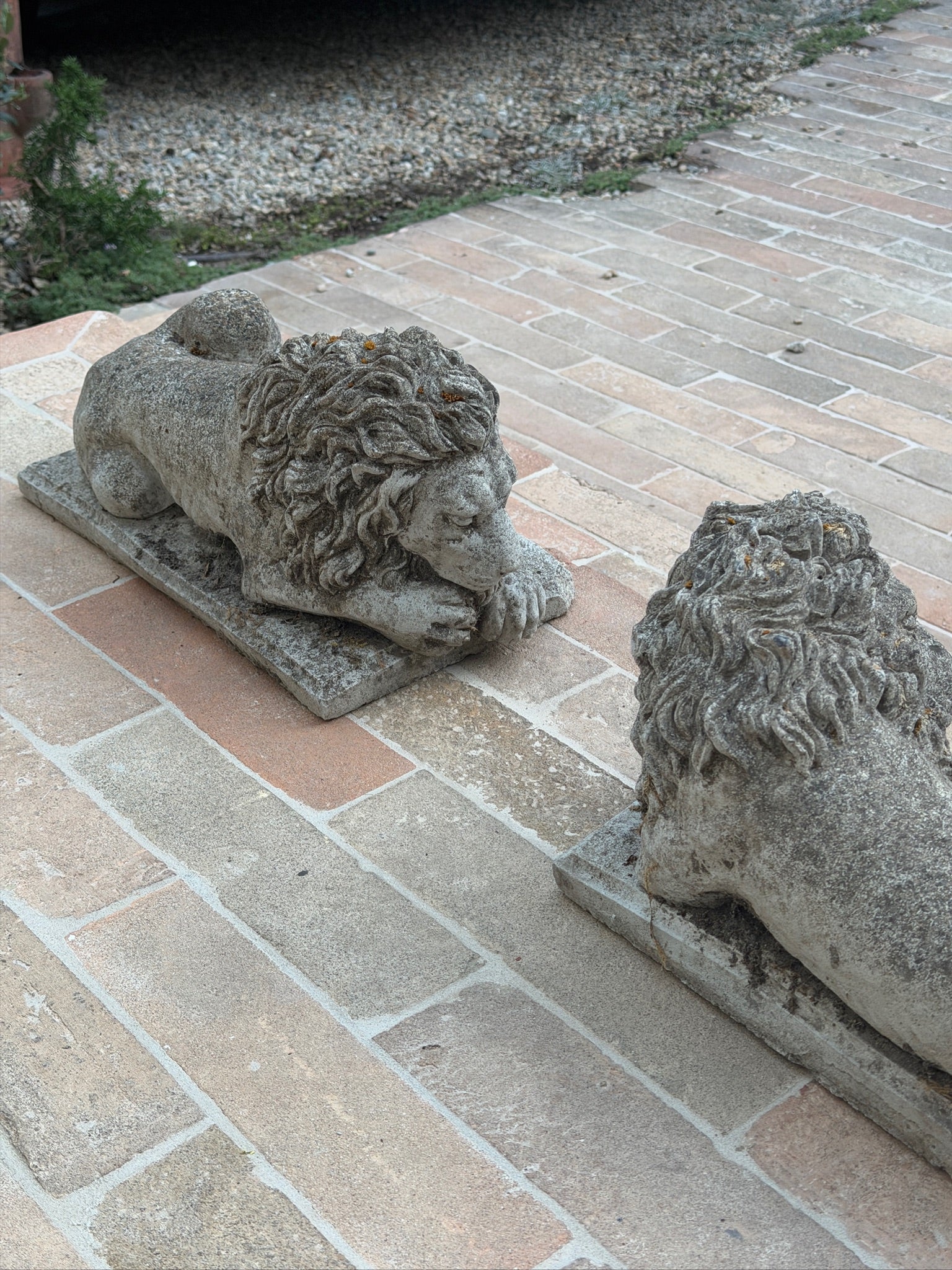 Antique French Cast Stone Garden Lions with Weathered Patina, 1930s