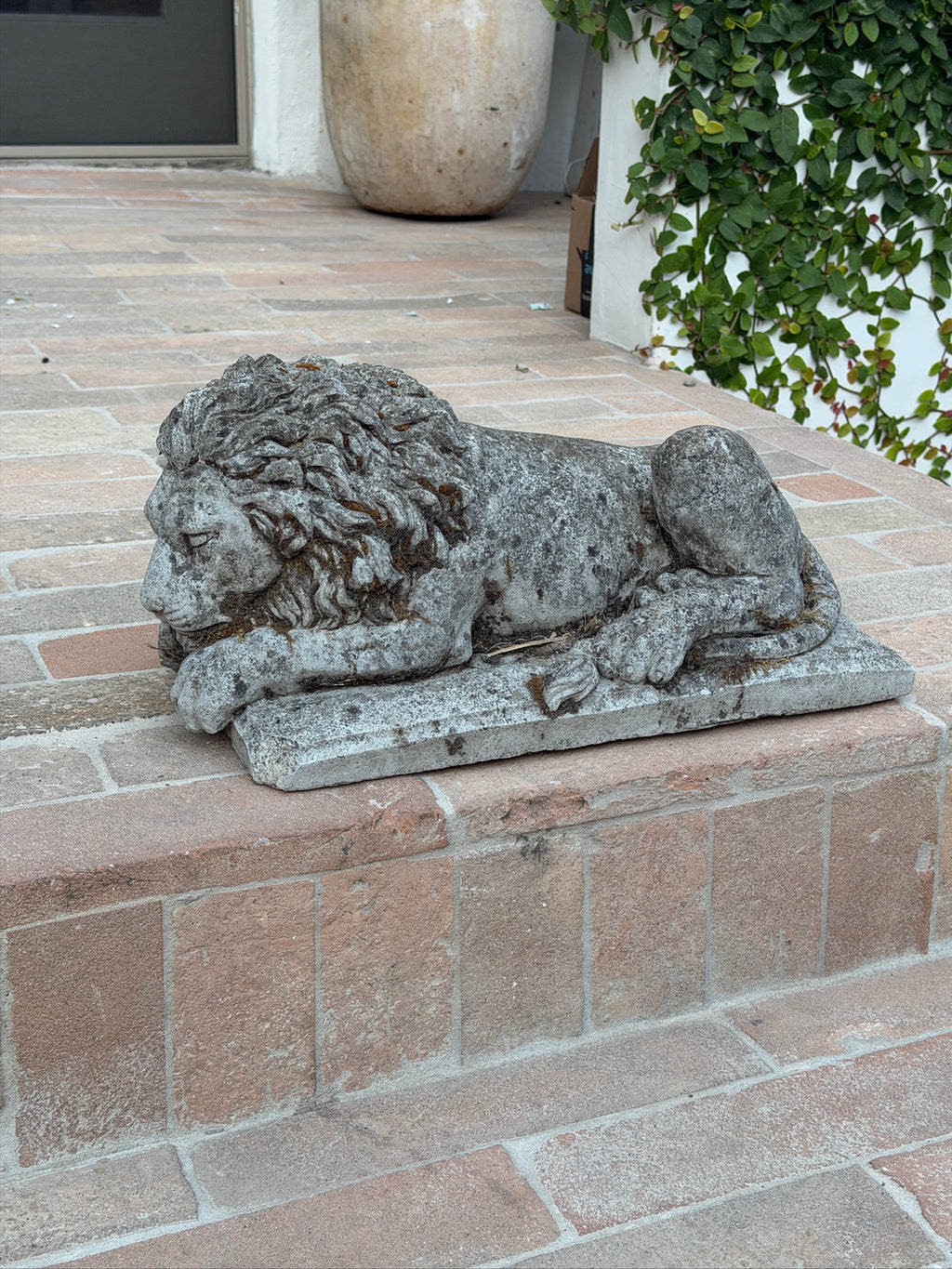 Antique French Cast Stone Garden Lions with Weathered Patina, 1930s