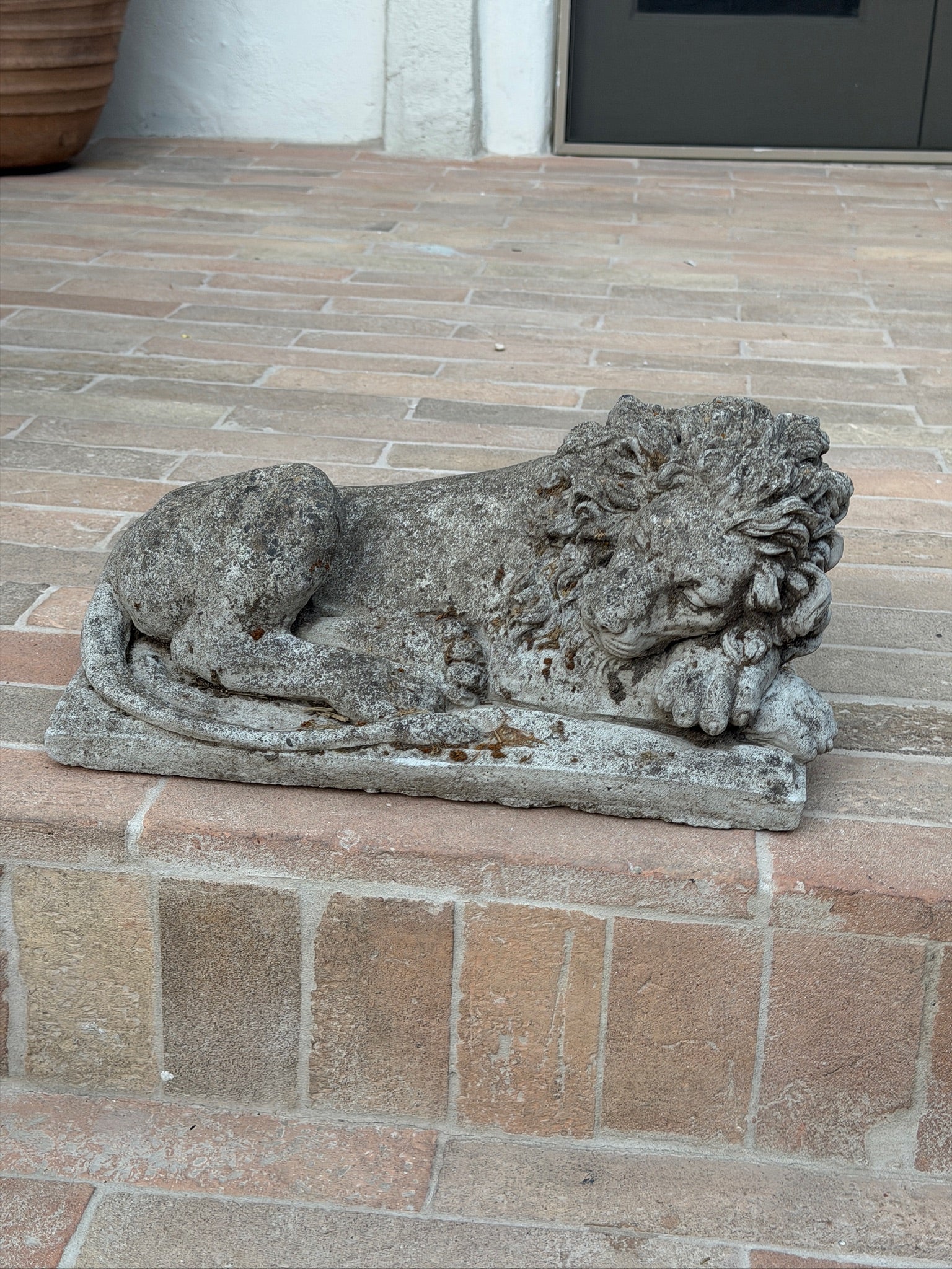 Antique French Cast Stone Garden Lions with Weathered Patina, 1930s