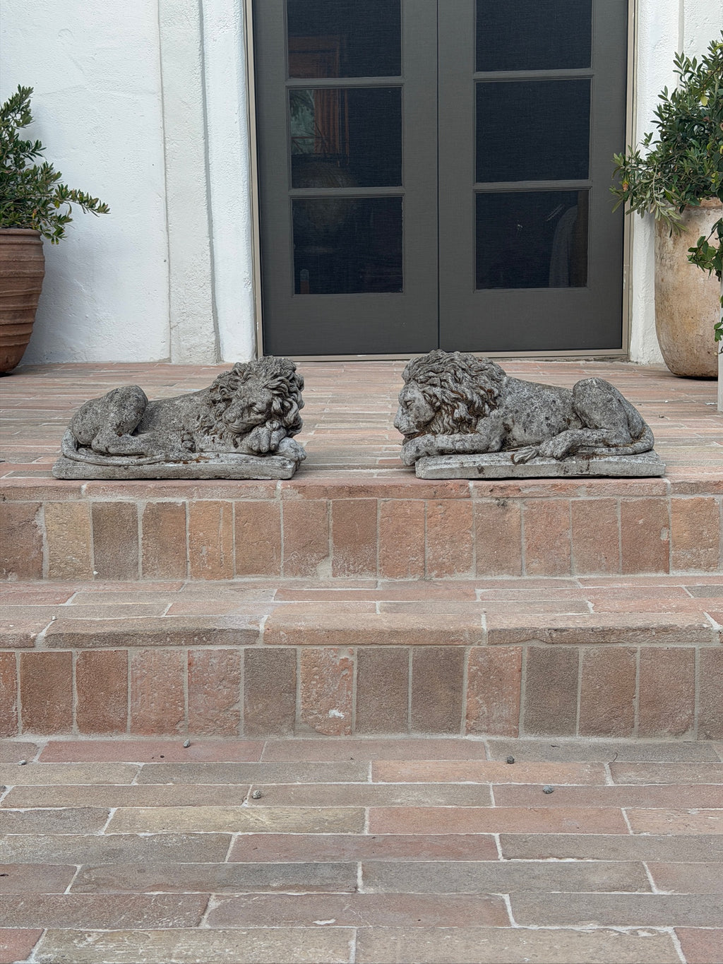 Antique French Cast Stone Garden Lions with Weathered Patina, 1930s