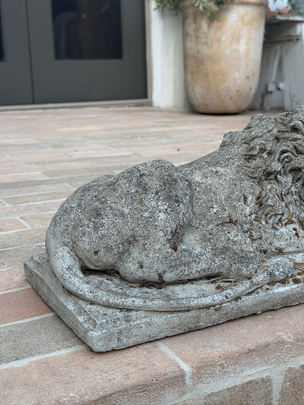 Antique French Cast Stone Garden Lions with Weathered Patina, 1930s