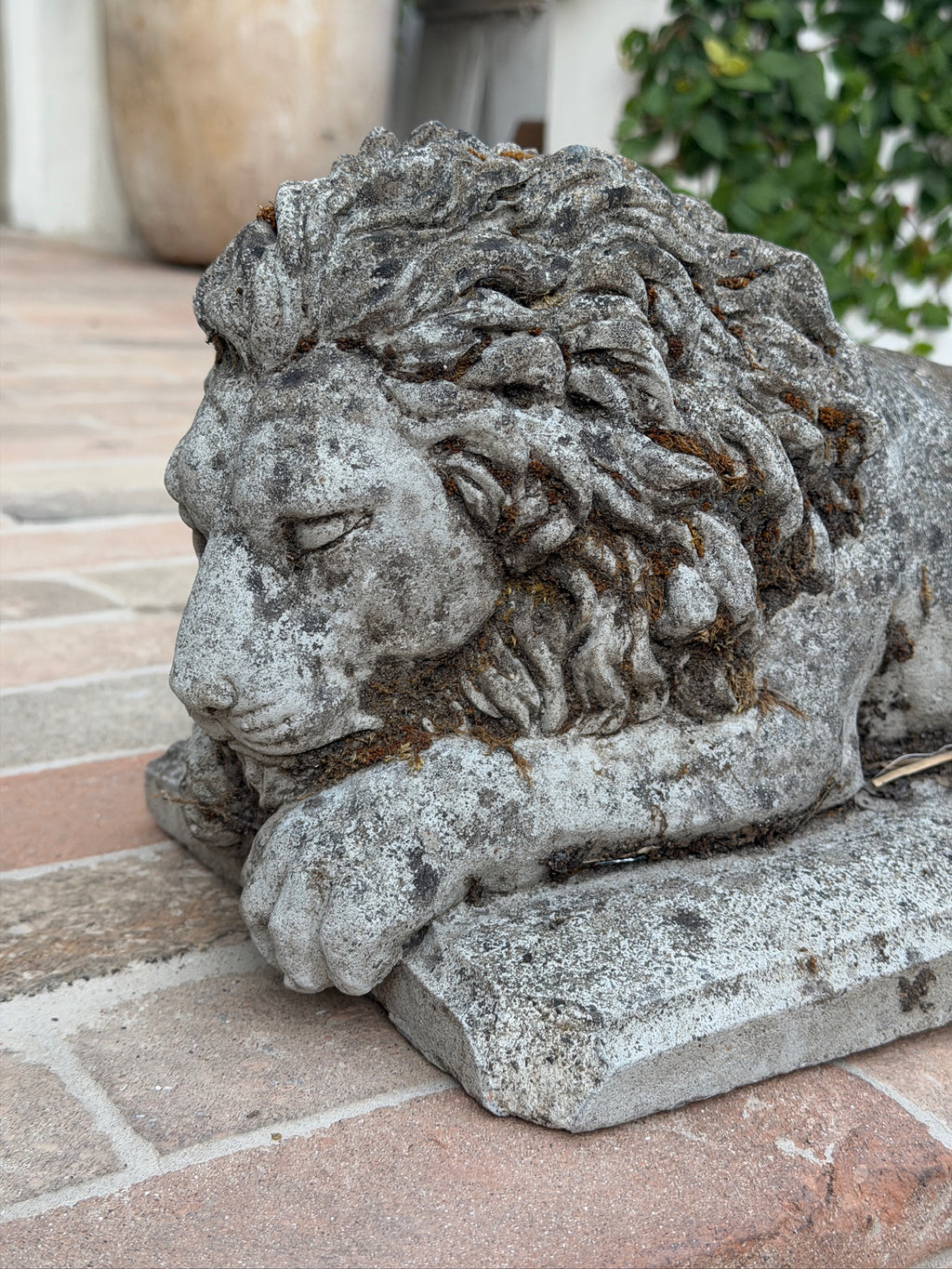 Antique French Cast Stone Garden Lions with Weathered Patina, 1930s