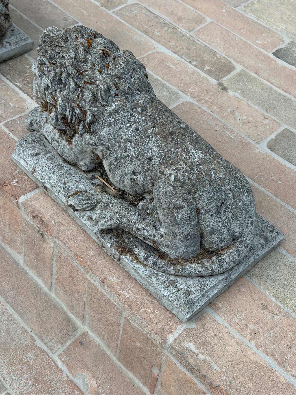 Antique French Cast Stone Garden Lions with Weathered Patina, 1930s