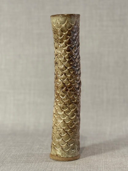 Tall Hand-Glazed Studio Pottery Vase with Fish Scale Relief – Signed A.G.E