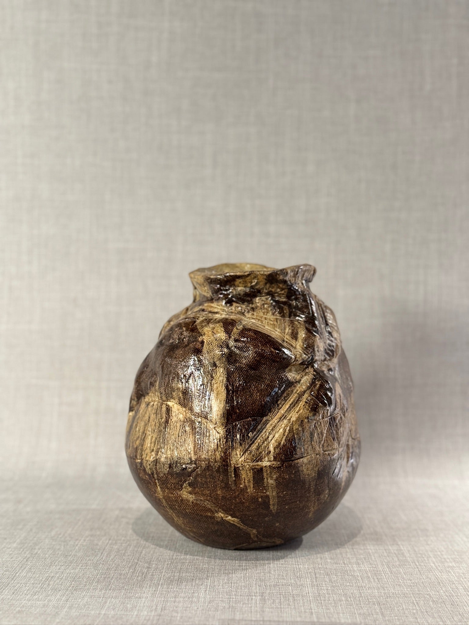 Monumental Handcrafted Studio Pottery Vessel with Earthy Abstract Glaze and Textured Carved Surface