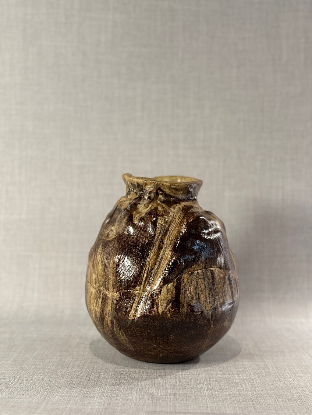 Monumental Handcrafted Studio Pottery Vessel with Earthy Abstract Glaze and Textured Carved Surface
