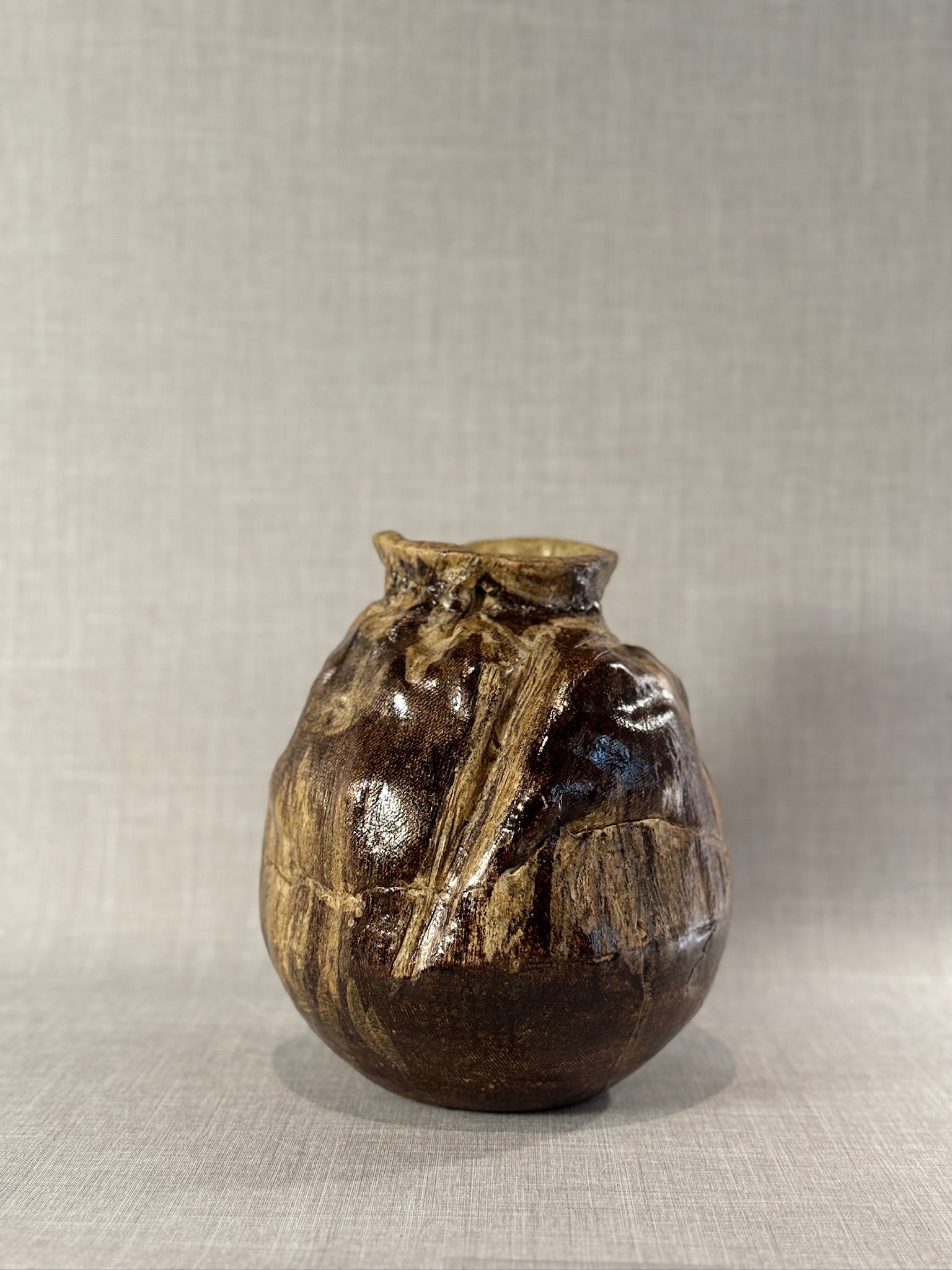 Monumental Handcrafted Studio Pottery Vessel with Earthy Abstract Glaze and Textured Carved Surface